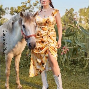 CIDER Illusion Tie Dye Ruched Midi Dress